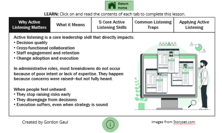 Learn screen with tabs covering why active listening matters, what it means, five core skills, common listening traps, and applying active listening
